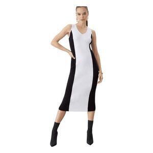 GSTQ Colorblock Sweater V-Neck Midi Dress Black White Knit M